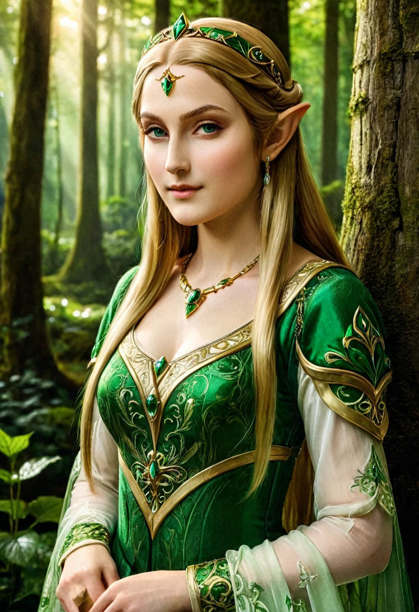 a masterful best quality, award winning masterpiece, portrait done by Leonardo De Vinci of Princess Zelda, ((anatomically correct: 1.5)), wearing intricate glamour green and white elven dress, elven forest background background, Ultra-high resolution, High Contrast, (masterpiece:1.5), highest quality, Best aesthetics), best details, best quality, highres, 16k, [ultra detailed], masterpiece, best quality, (extremely detailed), chumbasket art style, dvnc, evening dress