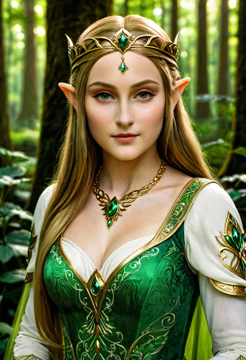 a masterful best quality, award winning masterpiece, portrait done by Leonardo De Vinci of Princess Zelda, ((anatomically correct: 1.5)), wearing intricate glamour green and white elven dress, elven forest background background, Ultra-high resolution, High Contrast, (masterpiece:1.5), highest quality, Best aesthetics), best details, best quality, highres, 16k, [ultra detailed], masterpiece, best quality, (extremely detailed), chumbasket art style, dvnc, evening dress