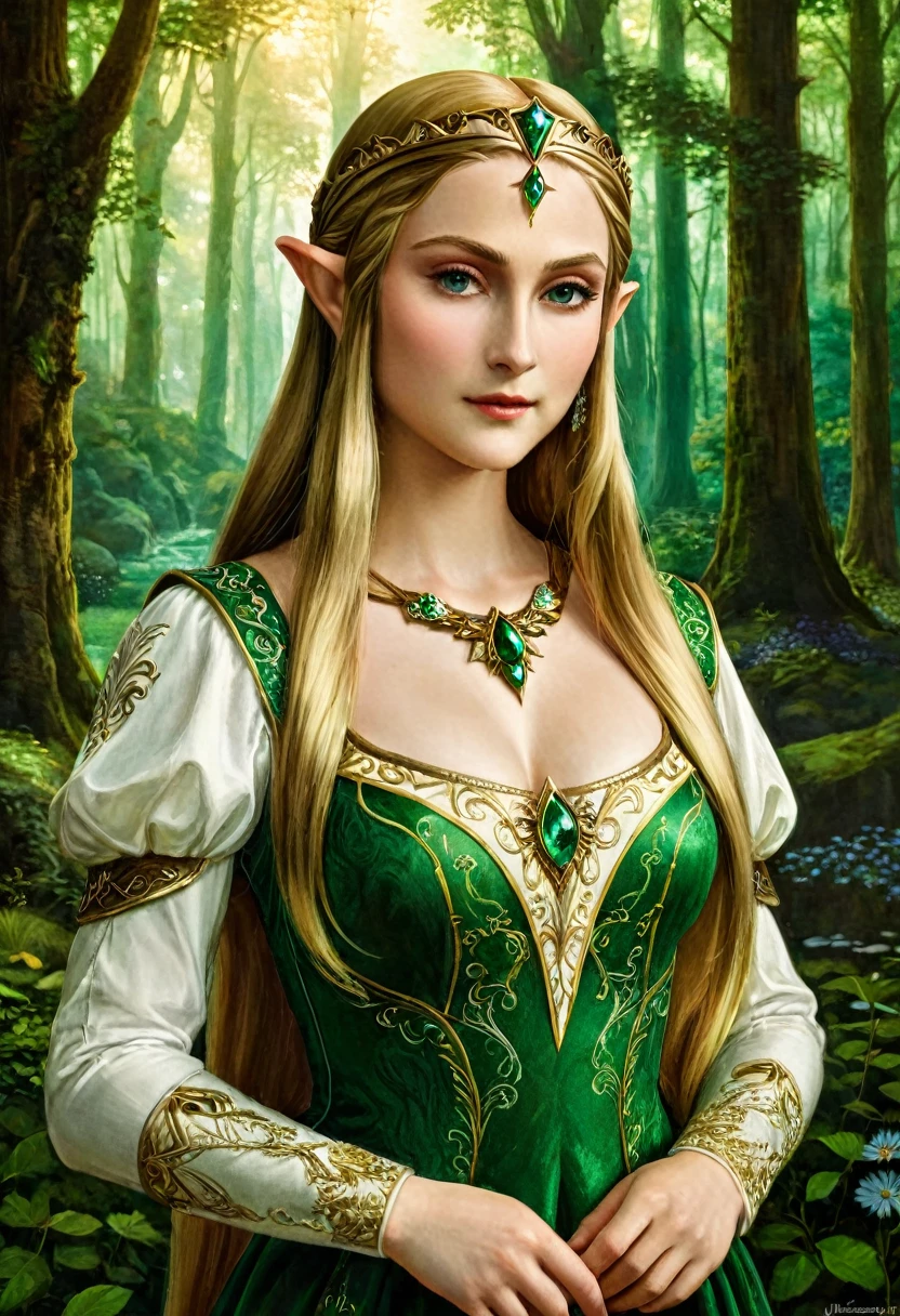 a masterful best quality, award winning masterpiece, portrait done by Leonardo De Vinci of Princess Zelda, ((anatomically correct: 1.5)), wearing intricate glamour green and white elven dress, elven forest background background, Ultra-high resolution, High Contrast, (masterpiece:1.5), highest quality, Best aesthetics), best details, best quality, highres, 16k, [ultra detailed], masterpiece, best quality, (extremely detailed), chumbasket art style, dvnc, evening dress