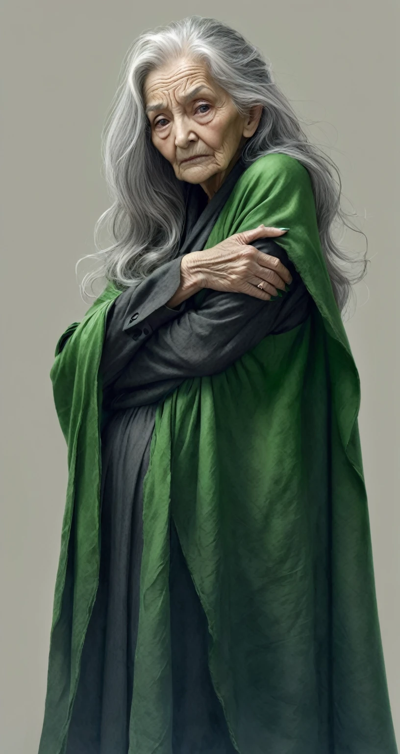 beautiful illustration, ultra-detailed, masterpiece, old woman, long gray tousled hair, creepy, long sharp nails, wrinkles, green cape, half-turn pose, evil, hands folded together