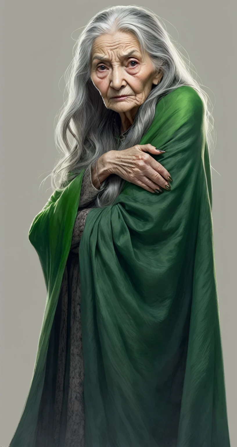 beautiful illustration, ultra-detailed, masterpiece, old woman, long gray tousled hair, creepy, long sharp nails, wrinkles, green cape, half-turn pose, evil, hands folded together