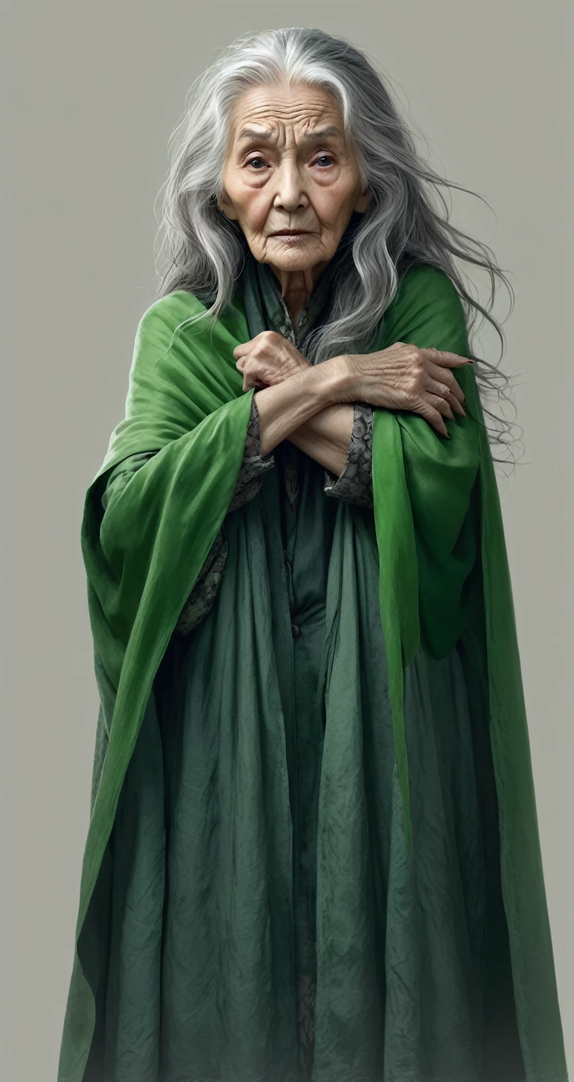 beautiful illustration, ultra-detailed, masterpiece, old woman, long gray tousled hair, creepy, long sharp nails, wrinkles, green cape, half-turn pose, evil, hands folded together