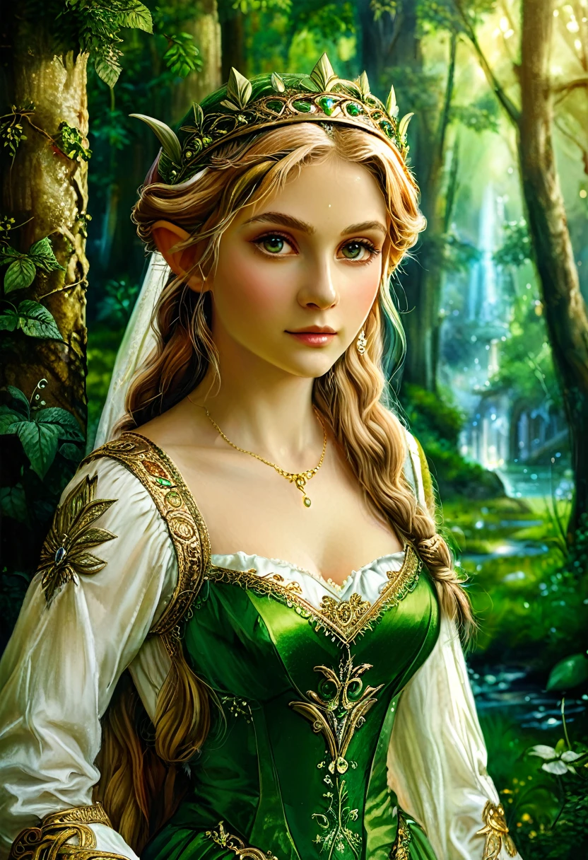 a masterful best quality, award winning masterpiece, portrait done by Raphael of Princess Zelda, ((anatomically correct: 1.5)), wearing intricate glamour green and white elven dress, elven forest background background, Ultra-high resolution, High Contrast, (masterpiece:1.5), highest quality, Best aesthetics), best details, best quality, highres, 16k, [ultra detailed], masterpiece, best quality, (extremely detailed), chumbasket art style, style of Raphael , evening dress