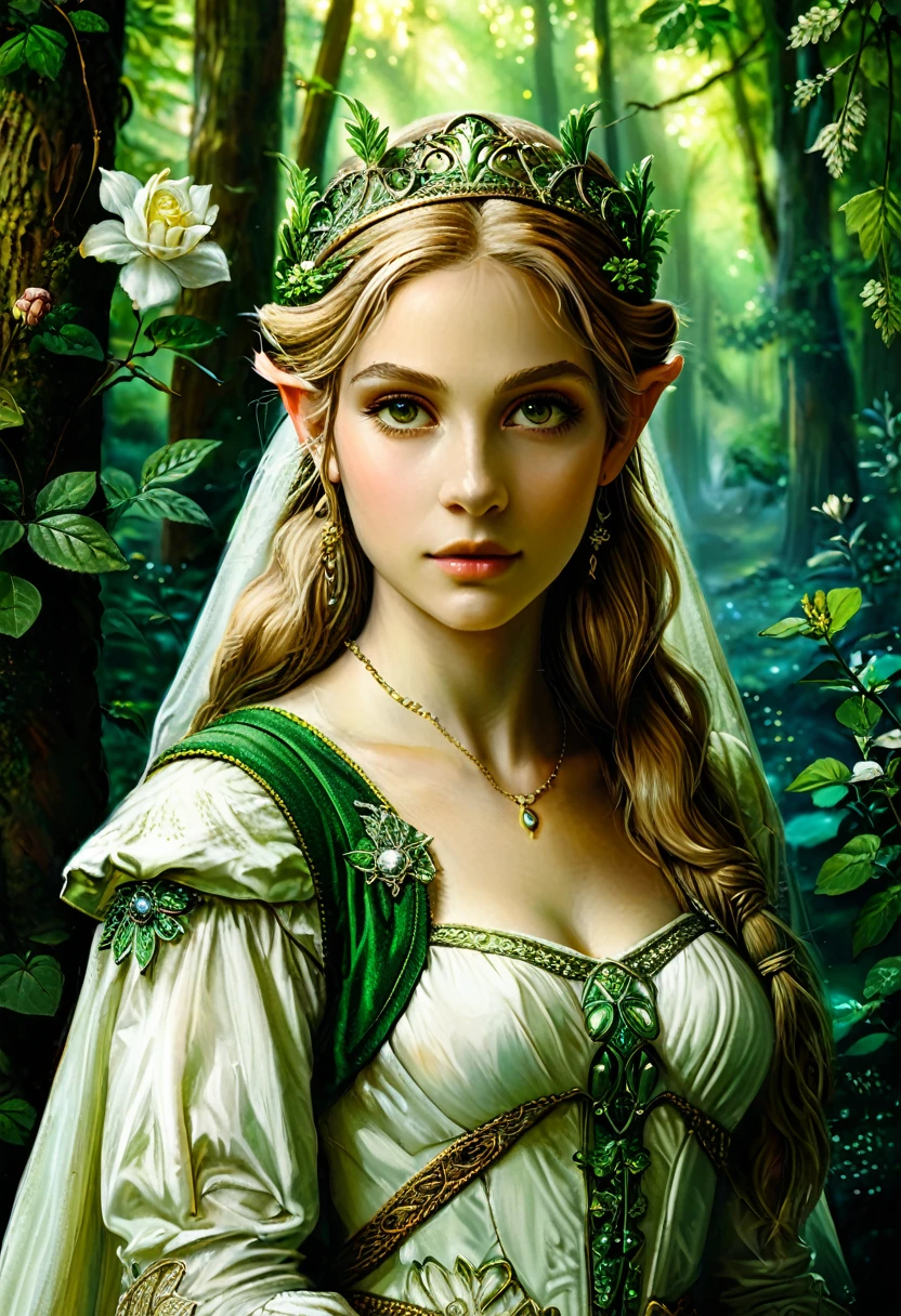 a masterful best quality, award winning masterpiece, portrait done by Raphael of Princess Zelda, ((anatomically correct: 1.5)), wearing intricate glamour green and white elven dress, elven forest background background, Ultra-high resolution, High Contrast, (masterpiece:1.5), highest quality, Best aesthetics), best details, best quality, highres, 16k, [ultra detailed], masterpiece, best quality, (extremely detailed), chumbasket art style, style of Raphael , evening dress