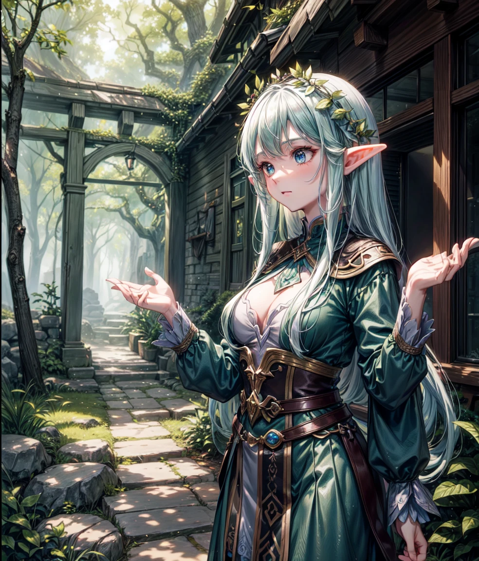 A high-quality, 4K anime scene in the style of Lord of the Rings. The setting is a hidden elf village deep within an ancient forest, bathed in the warm glow of the afternoon sun filtering through the leaves. In the center of the village, a wise, elderly elf elder with long white hair and beard is engaged in a serious conversation with a young, beautiful elf maiden. The elder's face is etched with concern, while the maiden listens intently, her expression a mix of curiosity and worry. The background features intricately detailed elven architecture, including moss-covered stone houses and towering trees adorned with glowing lanterns. The overall atmosphere is one of mystery and urgency.