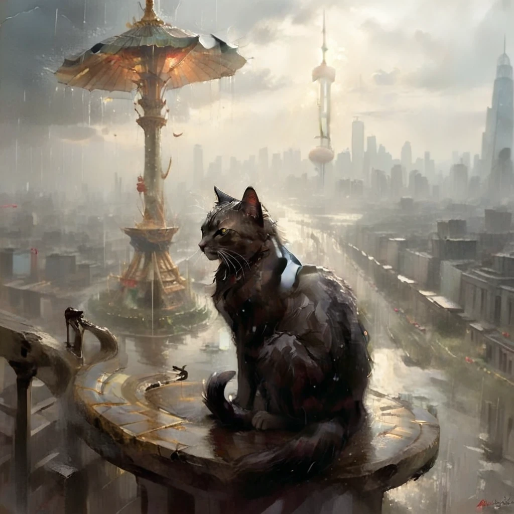 A cinematic masterpiece! A long shot captures the majestic scene: a colossal cat sprawled atop the Oriental Pearl Tower in Shanghai, umbrella in paw, as thunderstorms rage above and rain pours down. The cat's fur glistens with dew, while its eyes shine like polished onyx. In the background, city lights twinkle like diamonds. The framing emphasizes the tower's sleek curves, as a delicate balance of light and shadow defines the scene. Each strand of fur, each drop of rain, is meticulously rendered in high-definition, inviting the viewer to step into this extraordinary world.