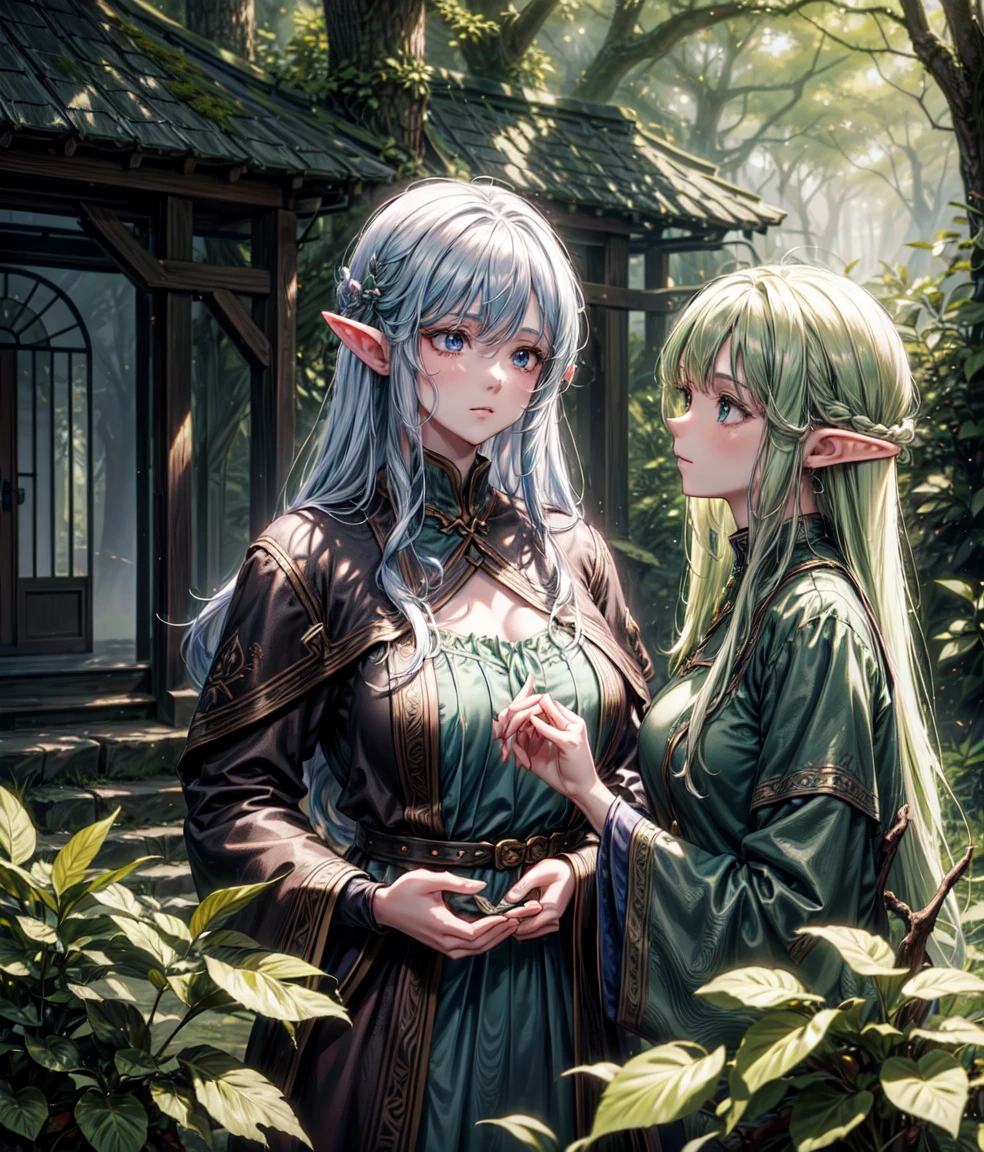 A high-quality, 4K anime scene in the style of Lord of the Rings. The setting is a hidden elf village deep within an ancient forest, bathed in the warm glow of the afternoon sun filtering through the leaves. In the center of the village, a wise, elderly elf elder with long white hair and beard is engaged in a serious conversation with a young, beautiful elf maiden. The elder's face is etched with concern, while the maiden listens intently, her expression a mix of curiosity and worry. The background features intricately detailed elven architecture, including moss-covered stone houses and towering trees adorned with glowing lanterns. The overall atmosphere is one of mystery and urgency.