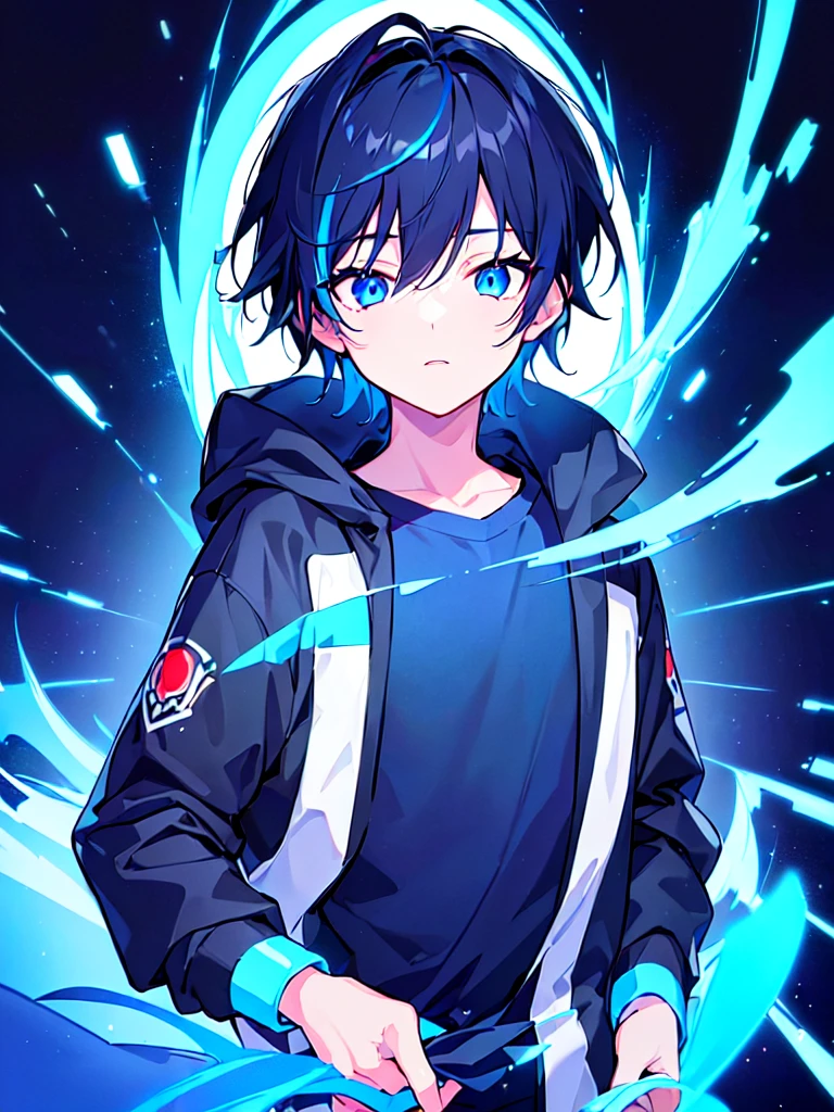 [(BLACK BACKGROUND:1.5),::5], ((((masterpiece)))), high quality, ultra very high resolution, full color, (((solo))), (((little boy))), BLACK hair, (Blue streaked hair), (oriental deepblue eyes), anime, ((upper body)), Summer clothes, neon light, black parka, (negative effect:1.3)