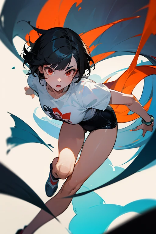 anime style,masterpiece,best quality, super fine illustration, super detailed, dynamic angle,8K,detailed background,beautiful background, BREAK a female is singing. She is wearing a white T-shirt with a graffiti art-style cat illustration.Black Hair,Short Hair,red eyes,black hair,(full face brasched:1.3),(Cat T Shirt:0.7),perfect legs,perfect face,perfect hands,ass pov,I&#39;m staring at you,Cat ear,Idol,cool,