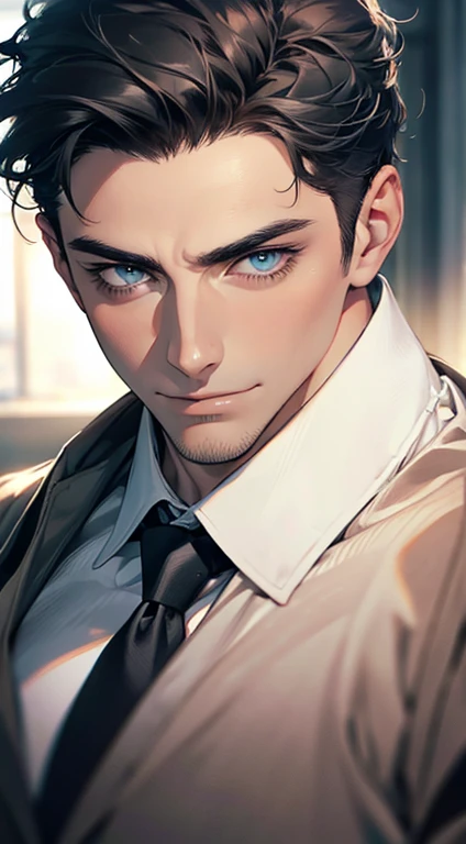 (best quality,4k,8k,highres,masterpiece:1.2),ultra-detailed,(realistic,photorealistic,photo-realistic:1.37),1 man,3,mature man,very handsome,without expression,smile,short grey black hair,blue eyes,penetrating gaze,perfect face without errors,imposing posture,businessman,office background,cinematic lighting,hdr image