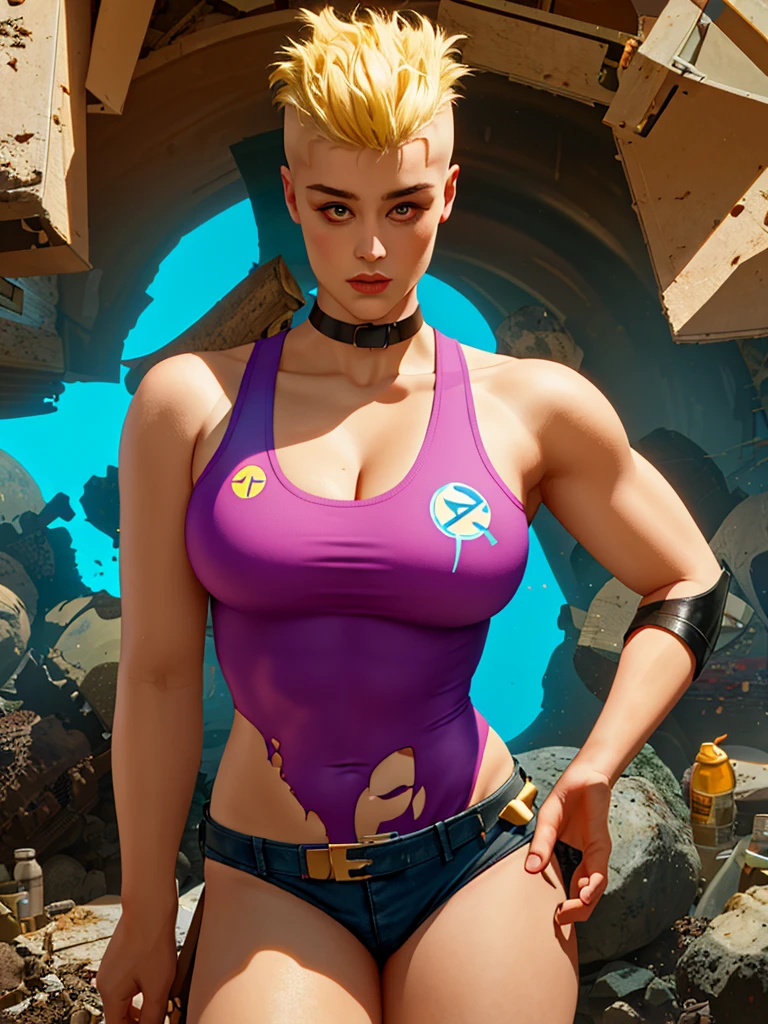 ((( Ganzkörper ))), Masterteil, bester Qualitäter, super detaill, 8K, hinreißende Frau, Stefania Ferrario als Tank Girl, perfekter Körper, geöffnete Lippen, Blonder Irokesenschnitt, Punk Girl, kurze Shorts mit Strumpfgürtel, postapokalyptische Welt, mit einem Panzer im Hintergrund, (( des Tanks )), niedrigerer Stil, zerrissene und schmutzige Kleidung, kurzer Irokesenschnitt, Seiten des rasierten Kopfes, sauberes Gesicht