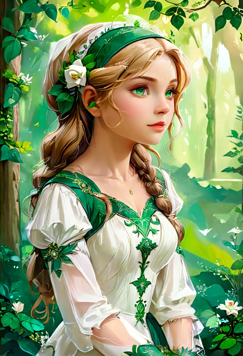 a masterful best quality, award winning masterpiece, oil painting portrait done by Raphael of Princess Zelda, ((anatomically correct: 1.5)), wearing intricate glamour green and white elven dress, elven forest background background, Ultra-high resolution, High Contrast, (masterpiece:1.5), highest quality, Best aesthetics), best details, best quality, highres, 16k, [ultra detailed], masterpiece, best quality, (extremely detailed), chumbasket art style, style of Raphael , evening dress, oil painting