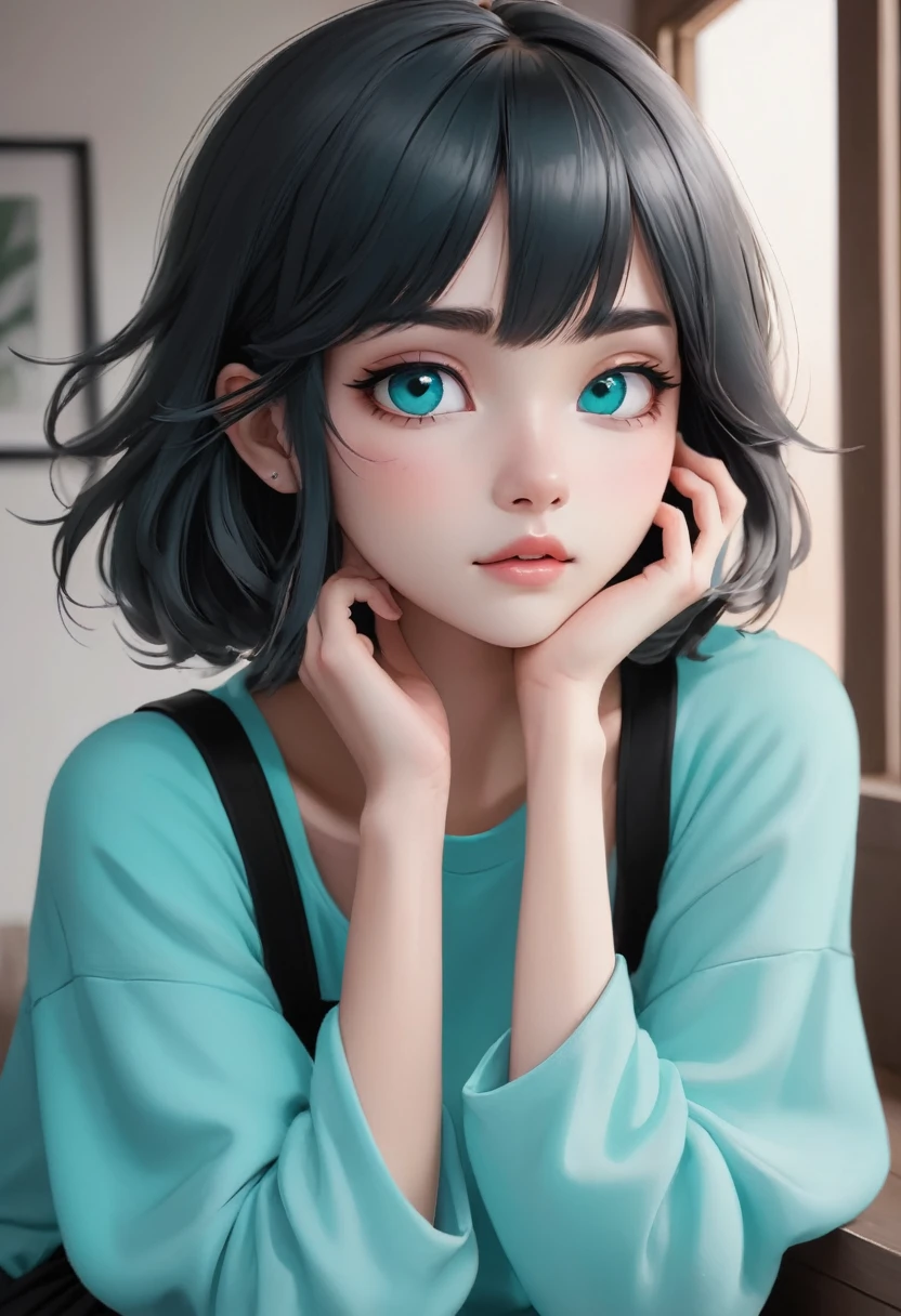 anime illustration, (1girl, solo), (realistic detailed eyes, natural skin texture, realistic face details), soft dramatic lighting, depth of field, bokeh, vibrant details, finely detailed, BREAK, (pretty model woman, bobcut, full bangs, silver hair, black mascara eyeshadow), (wearing turquoise long sleeve t-shirt, black pinafore dress, black slippers), sitting, sleeping, leaning against apartment room 's wall, (closed eyes),
BREAK, (turquoise long sleeve t-shirt, black pinafore dress, black slippers)