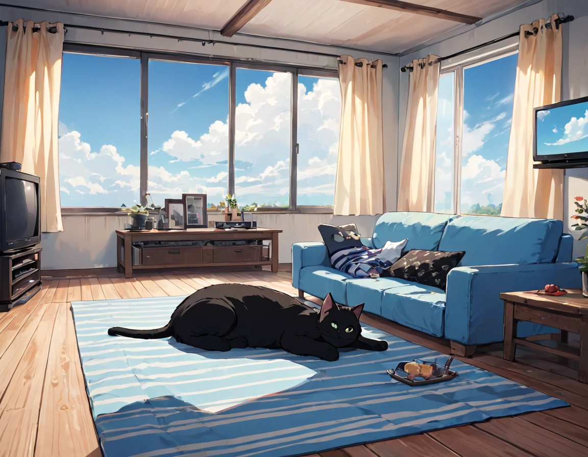 sky, curtains, indoors, couch, window, cat, cloud, blue sky, lying, table, shirt, television, day, pillow, solo, striped shirt, wooden floor, black cat, 1boy, striped, rug