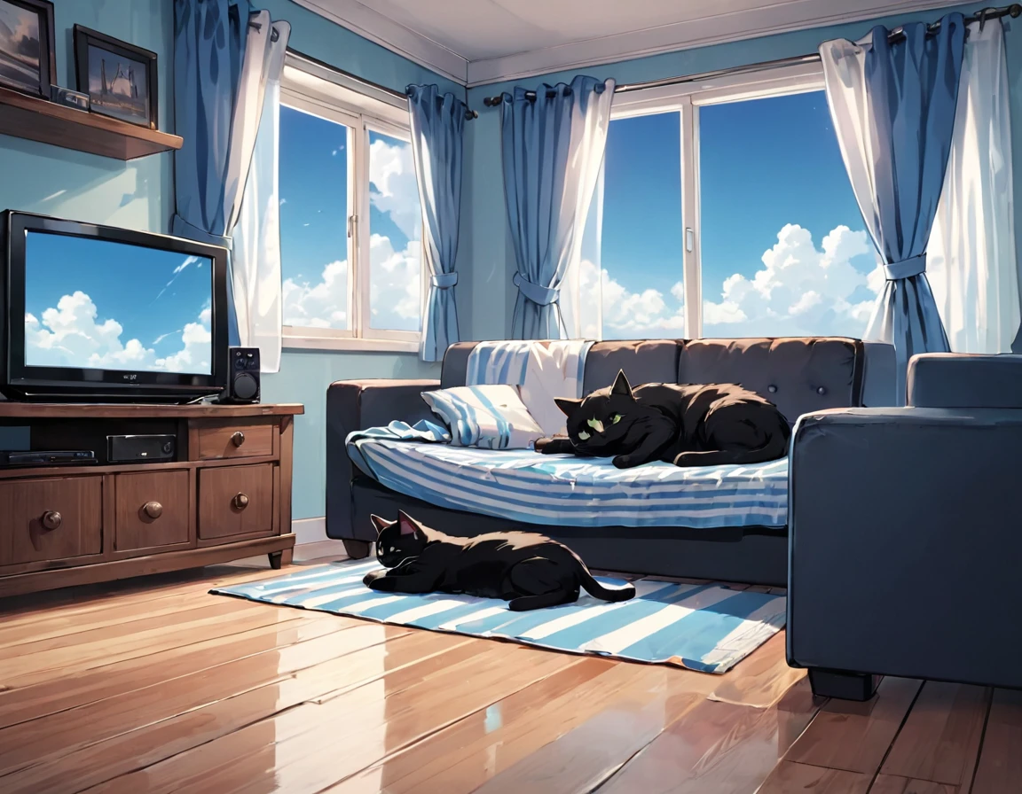 sky, curtains, indoors, couch, window, cat, cloud, blue sky, lying, table, shirt, television, day, pillow, solo, striped shirt, wooden floor, black cat, 1boy, striped, rug