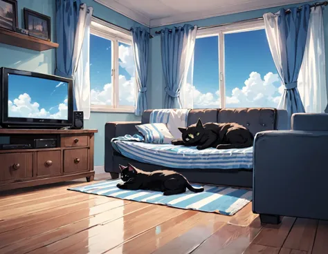 sky, curtains, indoors, couch, window, cat, cloud, blue sky, lying, table, shirt, television, day, pillow, solo, striped shirt, ...