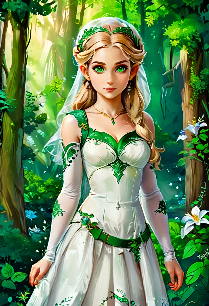 a masterful best quality, award winning masterpiece, oil painting portrait done by Raphael of Princess Zelda, ((anatomically correct: 1.5)), wearing intricate glamour green and white elven dress, elven forest background background, Ultra-high resolution, High Contrast, (masterpiece:1.5), highest quality, Best aesthetics), best details, best quality, highres, 16k, [ultra detailed], masterpiece, best quality, (extremely detailed), chumbasket art style, style of Raphael , evening dress, oil painting