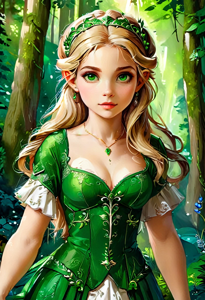 a masterful best quality, award winning masterpiece, oil painting portrait done by Raphael of Princess Zelda, ((anatomically correct: 1.5)), wearing intricate glamour green and white elven dress, elven forest background background, Ultra-high resolution, High Contrast, (masterpiece:1.5), highest quality, Best aesthetics), best details, best quality, highres, 16k, [ultra detailed], masterpiece, best quality, (extremely detailed), chumbasket art style, style of Raphael , evening dress, oil painting