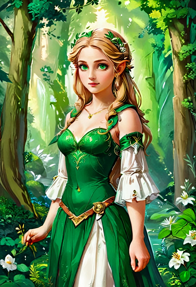 a masterful best quality, award winning masterpiece, oil painting portrait done by Raphael of Princess Zelda, ((anatomically correct: 1.5)), wearing intricate glamour green and white elven dress, elven forest background background, Ultra-high resolution, High Contrast, (masterpiece:1.5), highest quality, Best aesthetics), best details, best quality, highres, 16k, [ultra detailed], masterpiece, best quality, (extremely detailed), chumbasket art style, style of Raphael , evening dress, oil painting