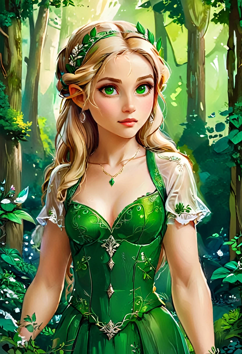 a masterful best quality, award winning masterpiece, oil painting portrait done by Raphael of Princess Zelda, ((anatomically correct: 1.5)), wearing intricate glamour green and white elven dress, elven forest background background, Ultra-high resolution, High Contrast, (masterpiece:1.5), highest quality, Best aesthetics), best details, best quality, highres, 16k, [ultra detailed], masterpiece, best quality, (extremely detailed), chumbasket art style, style of Raphael , evening dress, oil painting