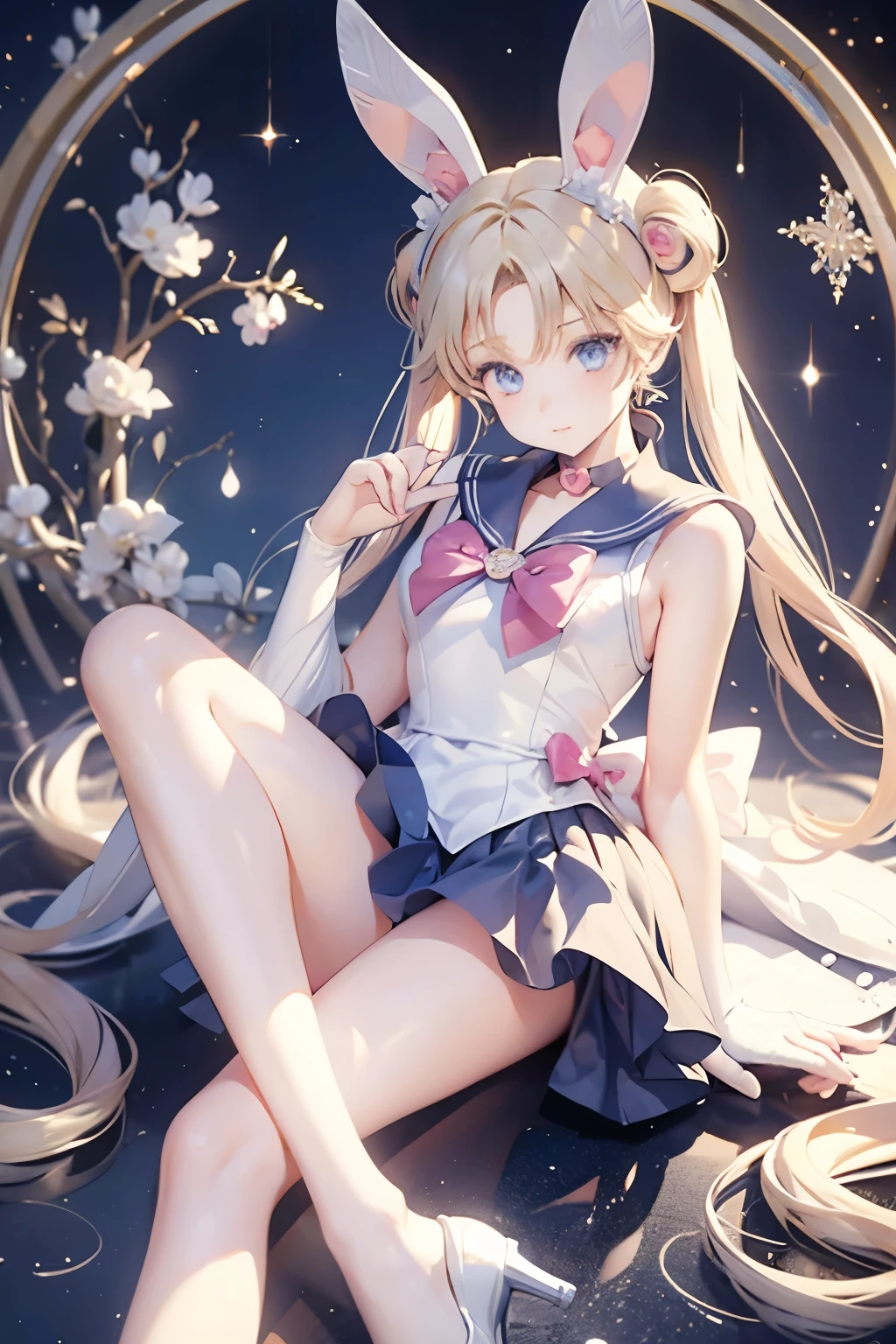 Tsukino Usagi, cabelo loiro, olhos azuis, orelhas de coelho, Fantasia de coelho, mulher, garota linda, arcos, salto, kemonomimi, cabelo longo, Roupa de coelhinha da Playboy, shoes two arcos, duas tranças, usagimimi