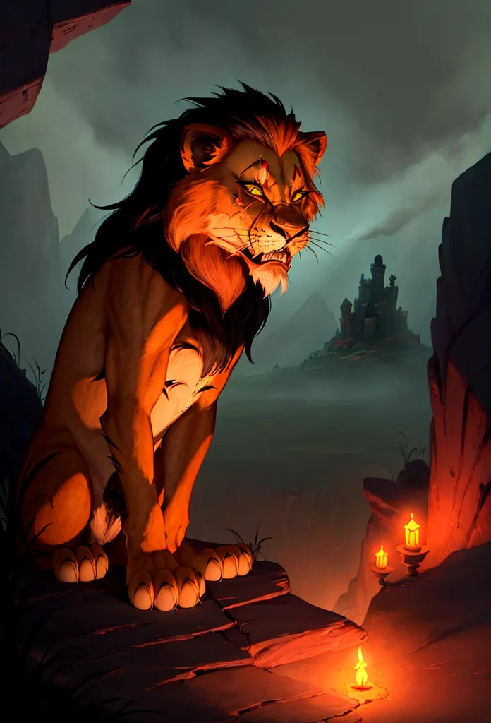 stylised animated illustration depicting the character scar from the 1994 disney film "the lion king". the character is depicted...