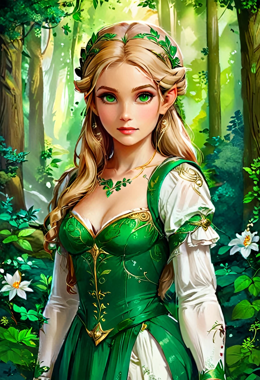 a masterful Лучшее качество, award winning шедевр, картина маслом portrait done by Raphael of Princess Zelda, ((Анатомически правильный: 1.5)), в замысловатом гламурном зелено-белом эльфийском платье, фон эльфийского леса, Сверхвысокое разрешение, высокий контраст, (шедевр:1.5), высшее качество, Лучшая эстетика), лучшие детали, Лучшее качество, Высокое разрешение, 16 тыс., [Ультра подробный], шедевр, Лучшее качество, (чрезвычайно подробный), Чумбаскет в художественном стиле, Стиль Рафаэля , вечернее платье, картина маслом