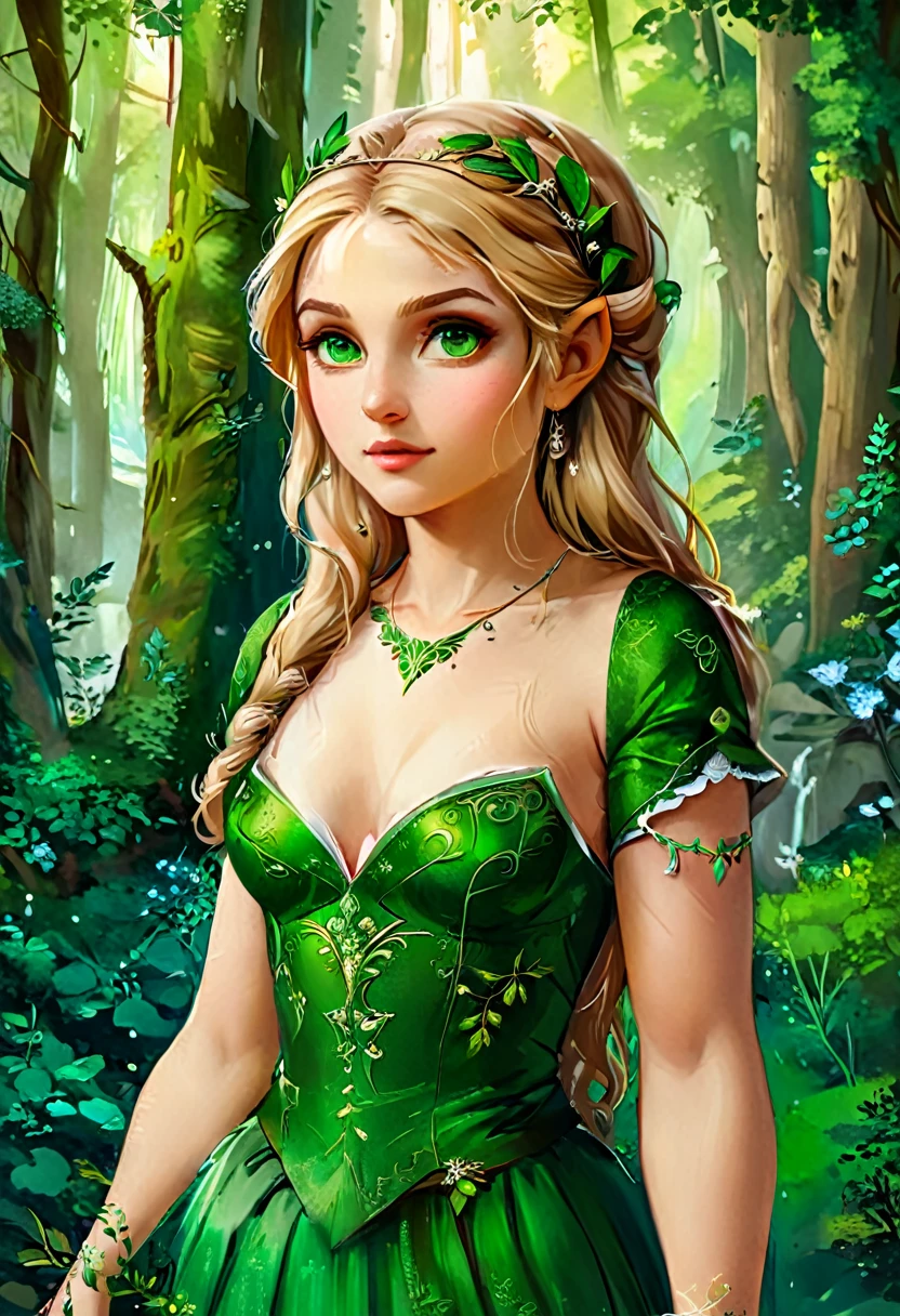 a masterful best quality, award winning masterpiece, oil painting portrait done by Raphael of Princess Zelda, ((anatomically correct: 1.5)), wearing intricate glamour green and white elven dress, elven forest background background, Ultra-high resolution, High Contrast, (masterpiece:1.5), highest quality, Best aesthetics), best details, best quality, highres, 16k, [ultra detailed], masterpiece, best quality, (extremely detailed), chumbasket art style, style of Raphael , evening dress, oil painting