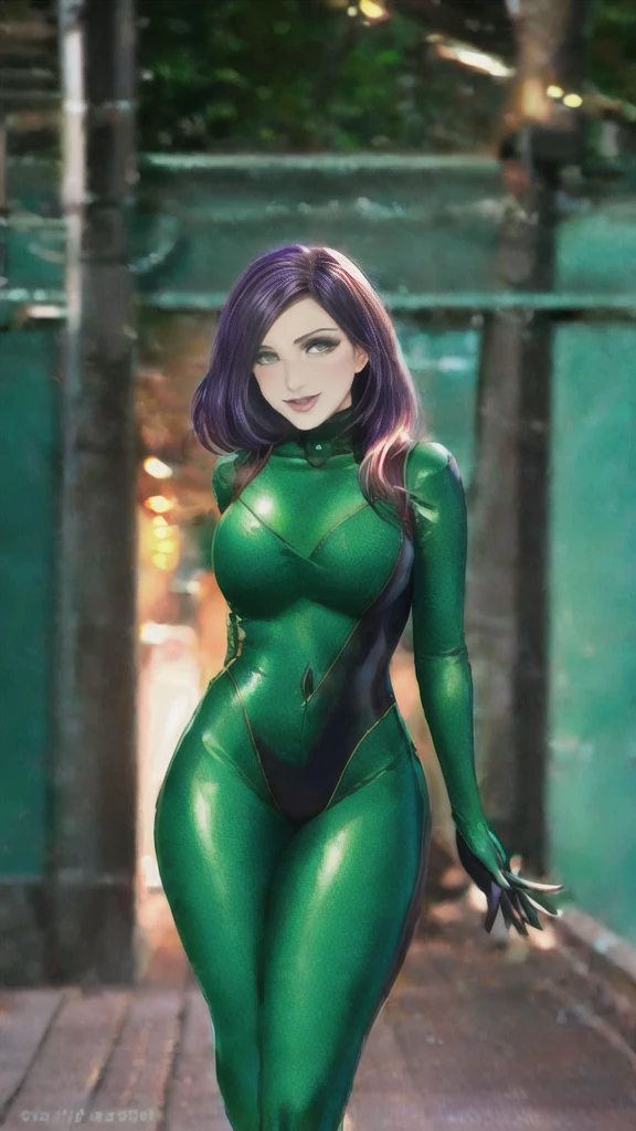 1girl, portrait of beautiful shegolady, green bodysuit, smile, blush, black lips, outdoors, volumetric lighting, best quality, masterpiece, intricate details, tonemapping, sharp focus, hyper detailed, trending on Artstation, realistic 