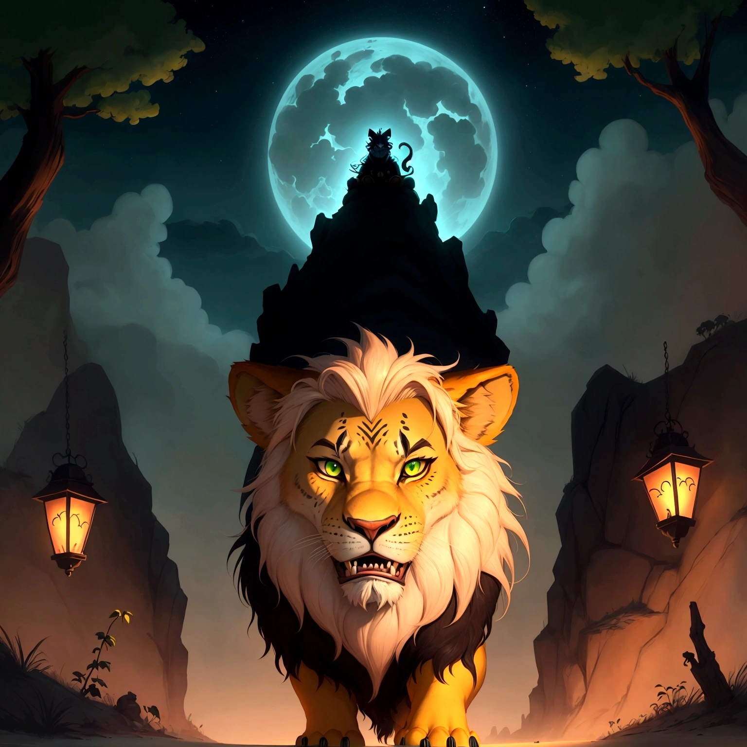 Stylised animated illustration depicting the character Scar from the 1994 Disney film "The Lion King". The character is depicted as a lion with a dark mane and piercing green eyes, his facial expression is slightly menacing with a wide grin exposing sharp teeth. The background depicts a night landscape and a hint of green wildlife below, suggesting a mysterious and dangerous atmosphere. The illustration style is reminiscent of the work of artist Chris Sanders, with a unique and engaging interpretation of a classic Disney character.