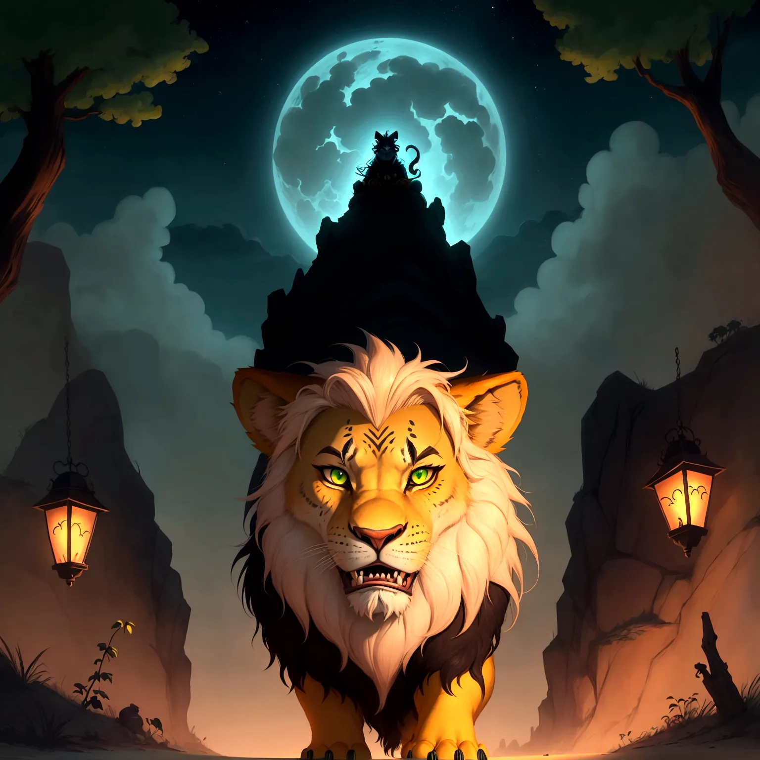 stylised animated illustration depicting the character scar from the 1994 disney film "the lion king". the character is depicted...