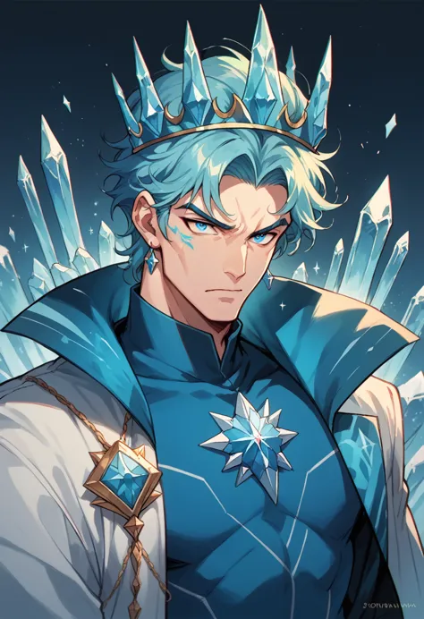 silvwr hair and crystal blue eyes, with a crown on . have a ice and nature power. male 23 years old