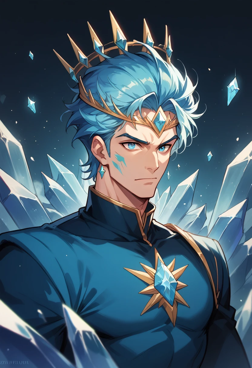 Silvwr hair and crystal blue eyes, with a crown on . Have a ice and nature power. Male 23 years old