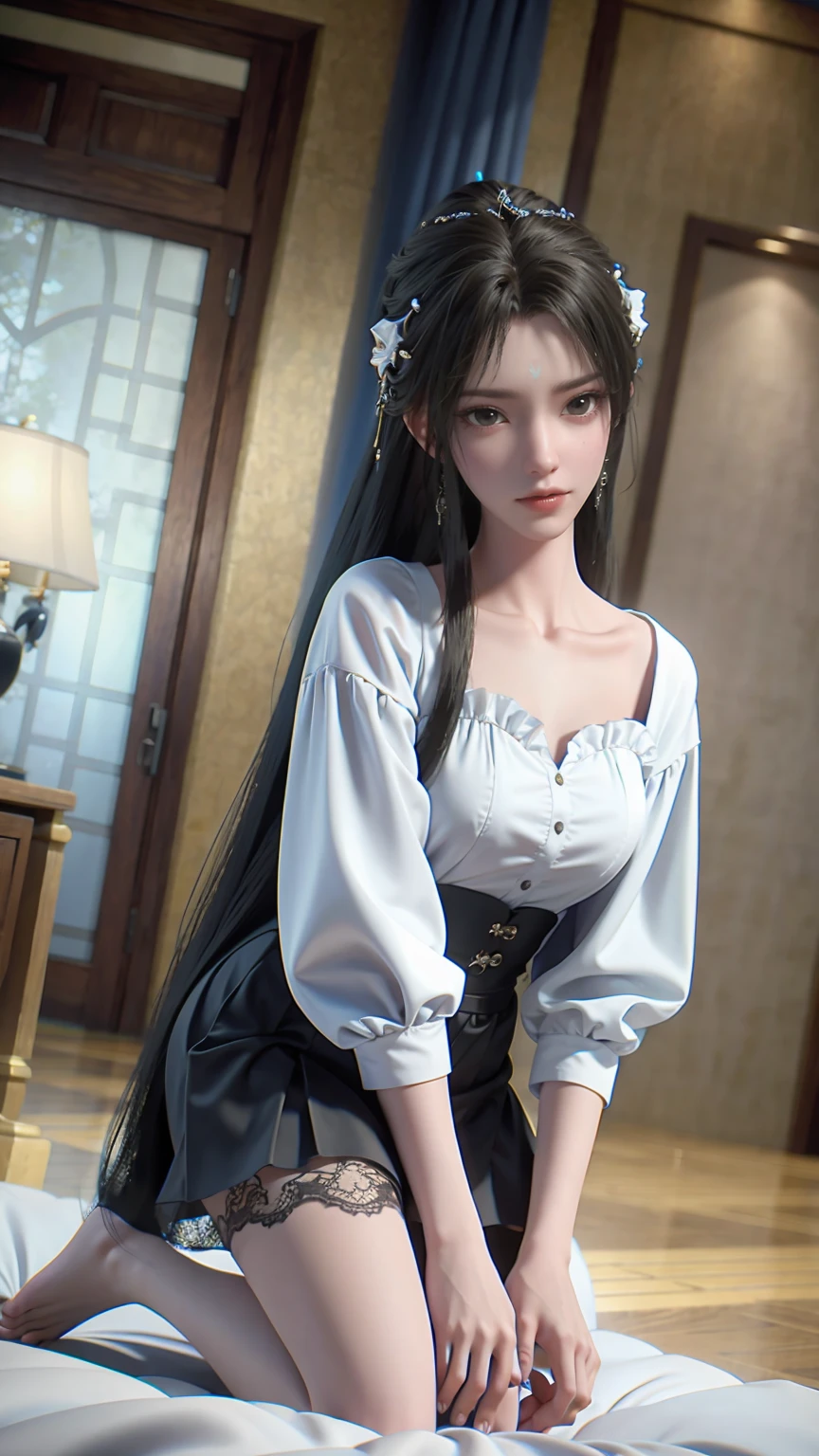 
best quality，masterpiece，The Ultimate Solution，Fluffy，Extremely colorful，Mature beautiful woman，（Dress school uniform），Lace skirt，（Beautiful woman beheaded），Normal posture，（Kneeling），Kneeling on the bed，shackles，Beheading，collar，White stockings ，barefoot，Normal posture