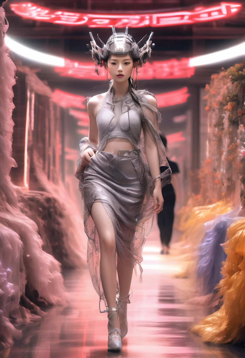 Optimal image, (8K, RAW photo, Realistic), Delicate and delicate brushstrokes and gorgeous and dynamic painting techniques, A full-body photo of a fashion model，A fashion runway for alien technology , vogue photography , Inspired by Chinese Xianxia and cyberpunk。(Best quality,4K,8K,A high resolution,Masterpiece:1.2), (Realistic,Photorealistic,photo-realistic:1.37).