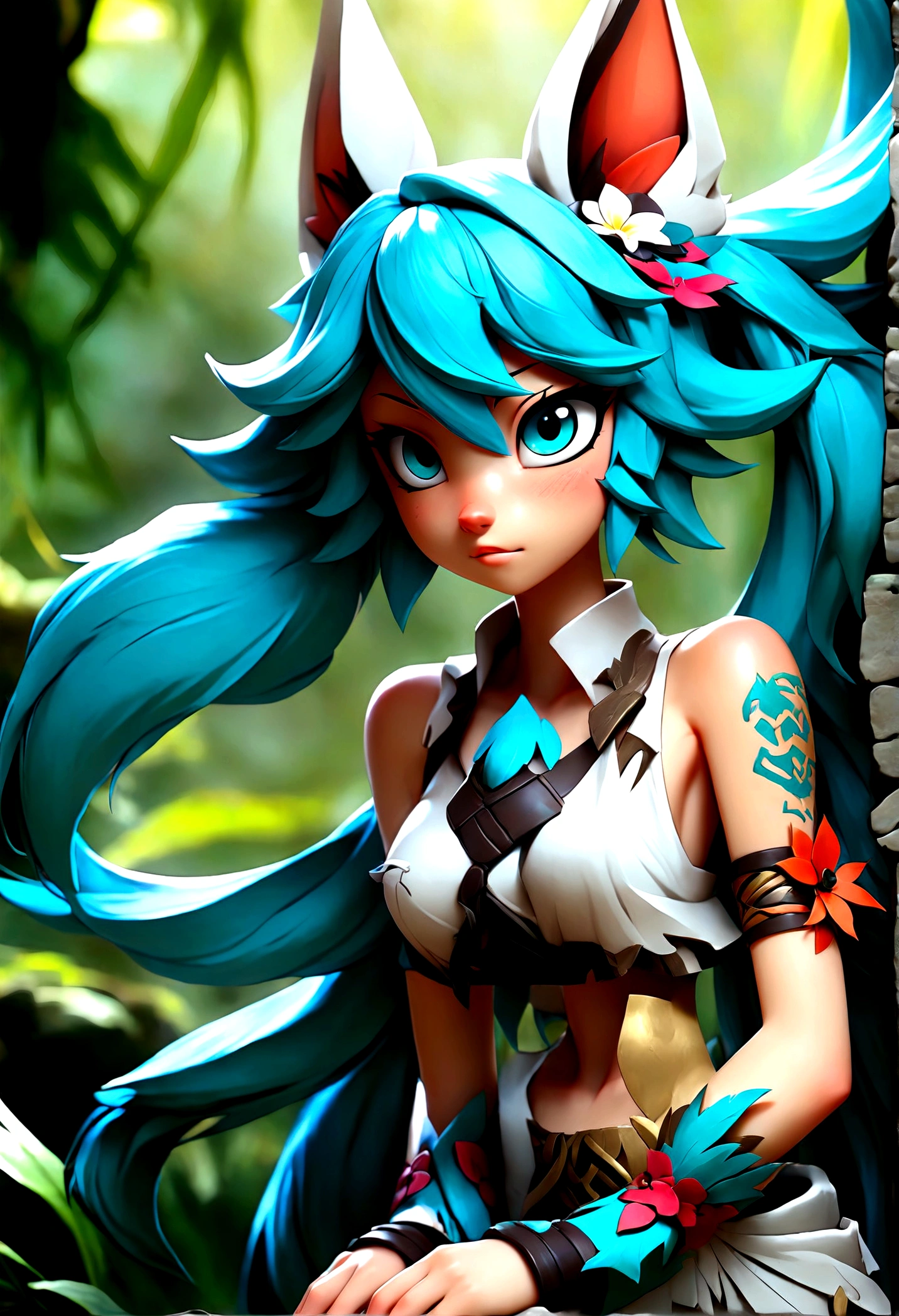 Miku Hatsune, add high definition add_detail:1, blue fur,kitsune ears, tribal tattoo add_detail:1, in a ruins in the jungle, barefoot, tribal costume add_details:1, giant aqua feather wings add_detailsl:1 ,alas hermosas la mejor calidad y detail en las plumas, add blue saturation light_detailsl 