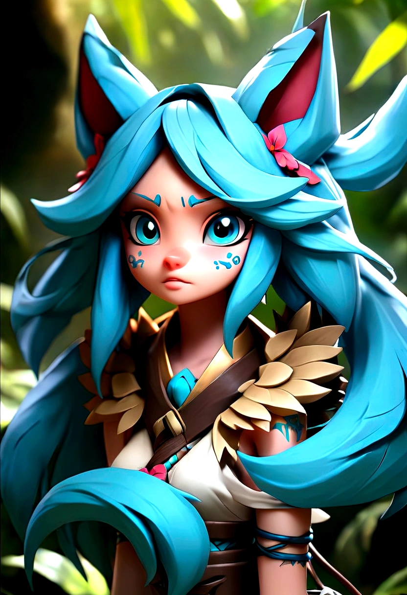 Miku Hatsune, adicionar alta definição adicionar_detalhe:1, pele azul,orelhas kitsune, tatuagem tribal adicionar_detalhe:1, em ruínas na selva, pés descalços, traje tribal adicionar_detalhes:1, asas gigantes de penas aquáticas adicionar_detalhesl:1 ,alas hermosas la mejor calidad y detalhe en las plumas, adicione luz de saturação azul_detalhesl 