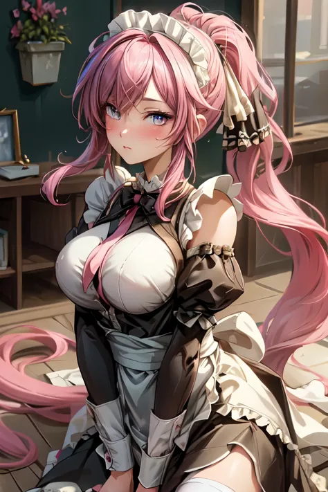 ((best quality)), ((masterpiece)), (detailed), 1girl, maid android, pink hair, ponytail, big breasts, stationary face,