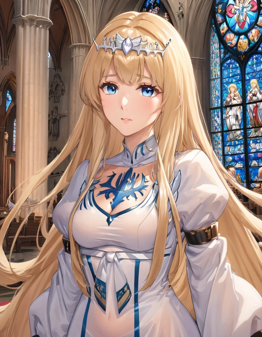 1girl,solo, calca, blonde hair, ,( extremely long hair:1.3), very long hair, extra long hair, white tiara, white dress, blue eyes,Calca Bessarez, medium breast,Calca, indoor, church, cathedral, stained glass, close up, upper body