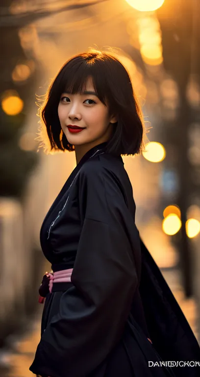 (A pretty detailed woman in a black kimono dress & pink cherry blossom designs, short bob_hair_side_bangs, subtle dimpled smile,...