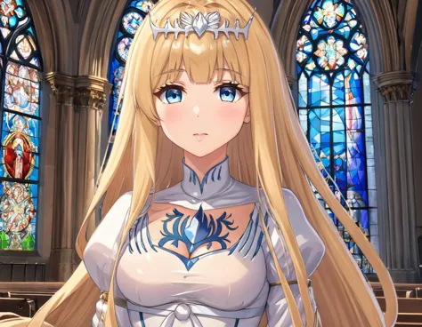 1girl,solo, calca, blonde hair, ,( extremely long hair:1.3), very long hair, extra long hair, white tiara, white dress, blue eye...