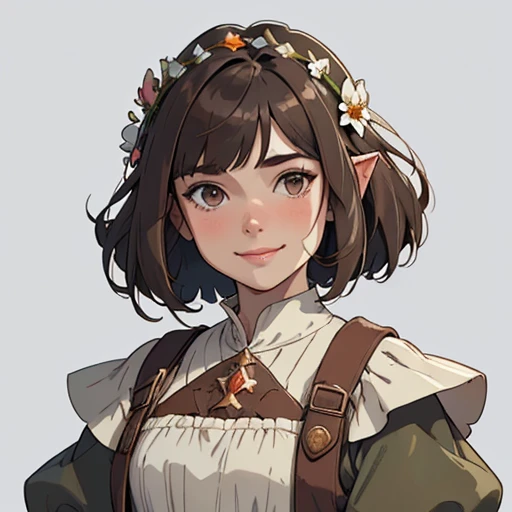 (masterpiece), (best quality),(portrait),(bust up),1girl,solo,(sharp focus),(look at viewer),hobbit girl,hobbit,bob cut, waby hair,brown hair,fat ,ancient long clothes,(simple background),old school fantasy art,super shiny face,Ultra Glossy Skin,medieval farmer outfit,poor outfit,farmer, flower crown,smile