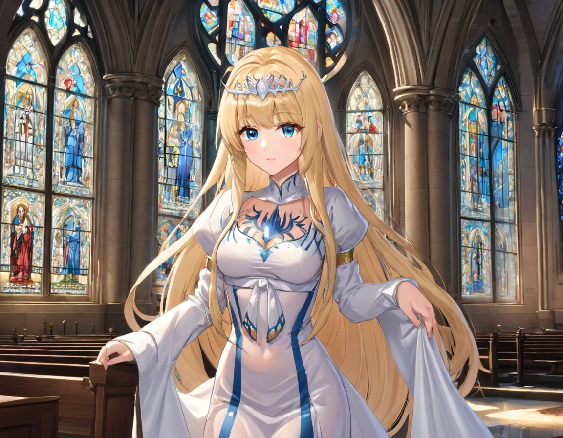 1girl,solo, calca, blonde hair, ,( extremely long hair:1.2), very long hair, extra long hair, white tiara, white dress, blue eyes,Calca Bessarez, medium breast,Calca, indoor, church, cathedral, stained glass