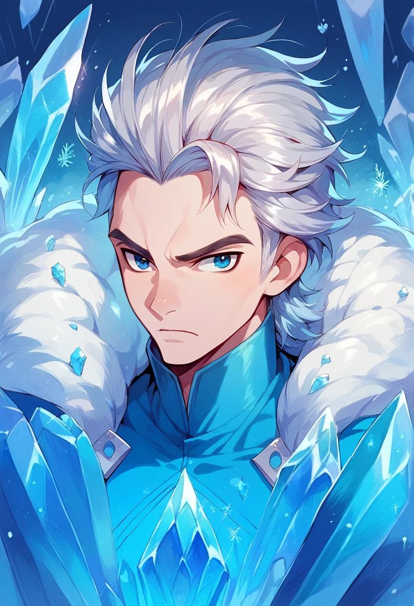 Man surrounded by crystal ice and frozen flowers, Silver hair and crystal blue eyes, with a diamond on his forehead. Have a ice and nature power. 