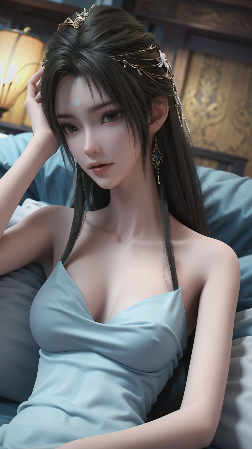 一个女孩Lying in bed，Face up，Raise your legs slightly，Front view super detailed beautiful big breasted girl 16 years old. Ultra HD, 4K, 8K, Movie，whole body，Lying down，Long legs，Very big breasts，whole body捕捉，（（（Lying in bed））），（（（whole bodyLying in bed））），big bed，Off-shoulder，Shoulder to shoulder，Lying in bed，Sleeping on the pillow，Lying down，Headrest pillows