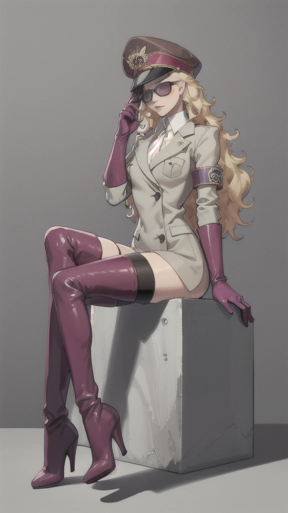 (masterpiece, best quality),domino,hat,peaked cap,uniform,gloves,sunglasses,sitting,naked,handscuffs, to wear, thighhigh boots, heels, long gloves, 