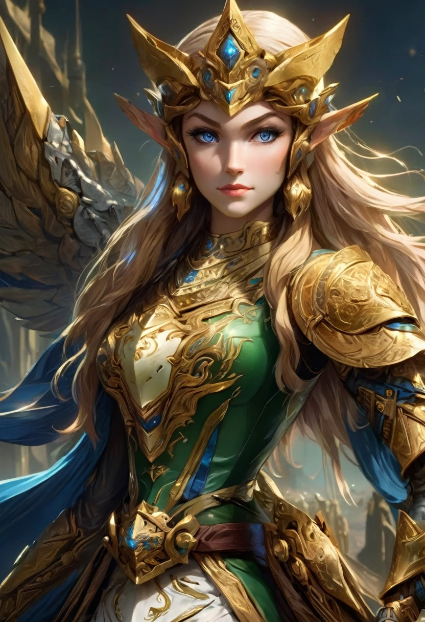 high details, best quality, 16k, [ultra detailed], masterpiece, best quality, (extremely detailed), full body, ultra wide shot, photorealistic, , fantasy art, dnd art, rpg art, realistic art, a wide angle, (((anatomically correct))) a wallpaper of an Princess Zelda, ready for battle with her mount (intense details, Masterpiece, best quality: 1.5),Princess Zelda (intense details, Masterpiece, best quality: 1.5), ultra detailed face, ultra feminine, fair skin, exquisite beauty, gold hair, long hair, wavy hair, small pointed ears, dynamic eyes color, wearing heavy green and white mech armor, shinning metal, armed with elven sword, green meadows, blue skies background and some clouds background depth of field (intricate details, Masterpiece, best quality: 1.5), full body (intricate details, Masterpiece, best quality: 1.5), high details, best quality, highres, ultra wide angle, Mechanical Creatures