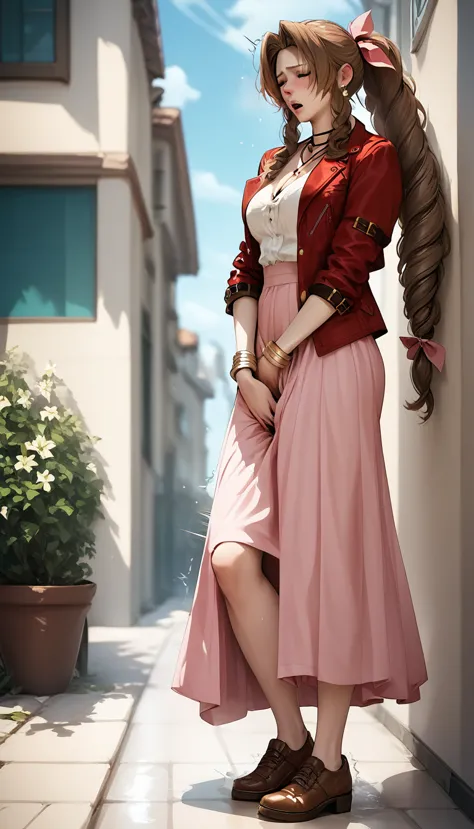 aerith in a long skirt,shaking in heat,masturbating while standing,inner thighs,full body