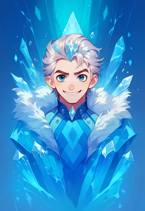 man surrounded by crystal ice and frozen flowers, silver hair and crystal blue eyes, with a diamond on his forehead. have a ice ...