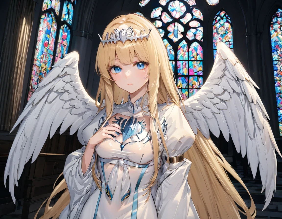 masterpiece,ultra-detailed,best quality,8K,illustration,simple background,,clean skin ,shiny hair,girl,ultra-detailed-eyes, jyojifuku, pajamas,wool,  1angel,solo, calca, blonde hair, ,( extremely long hair:1.3), very long hair, extra long hair, white tiara, white dress, blue eyes,Calca Bessarez, medium breast,Calca, indoor, church, cathedral, stained glass, close up, upper body, very large white wings, angel feature wings